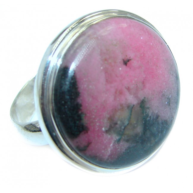 Big Pink genuine Rhodonite Sterling Silver Ring size 8 adjustable