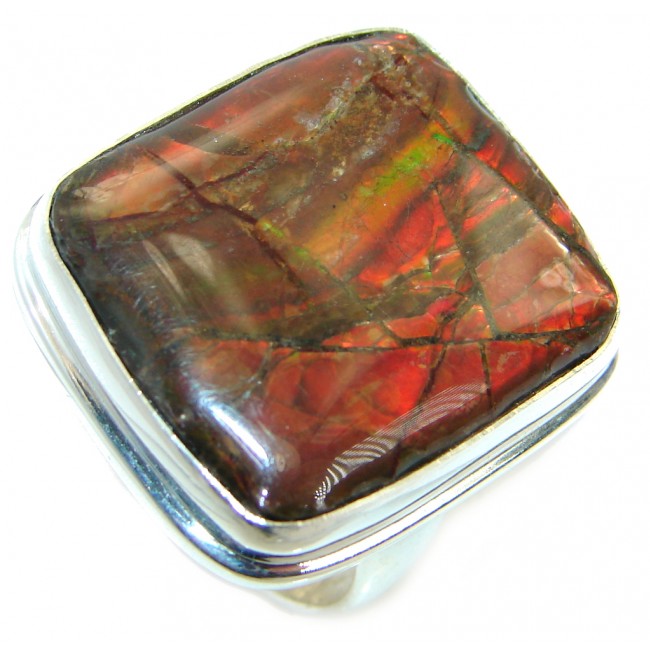 Twilight Zone Fire Genuine Canadian Ammolite .925 Sterling Silver handmade ring size 8 adjustable