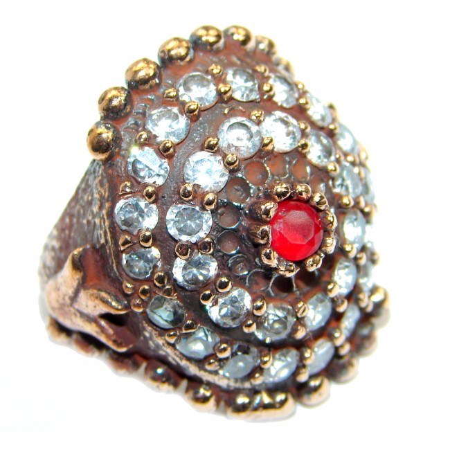 Large Victorian Style created Ruby & White Topaz Sterling Silver ring; s. 6 1/2