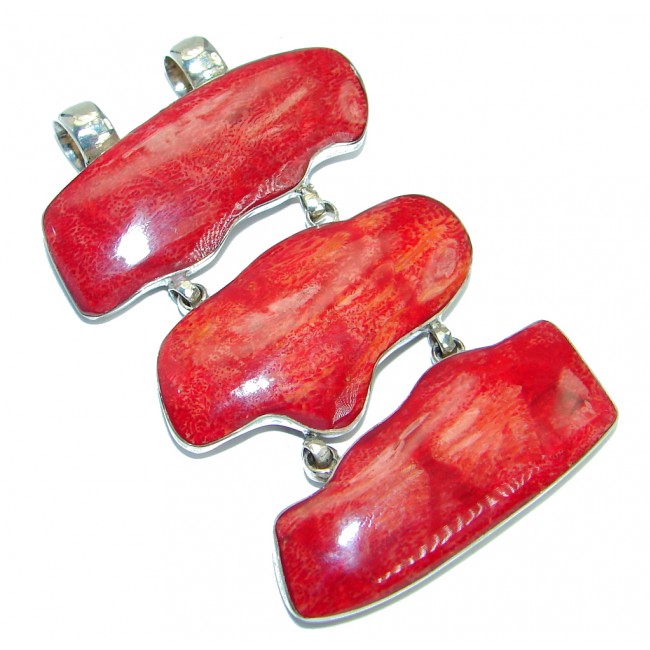 Statement Pendant Red Fossilized Coral .925 Sterling Silver handmade pendant