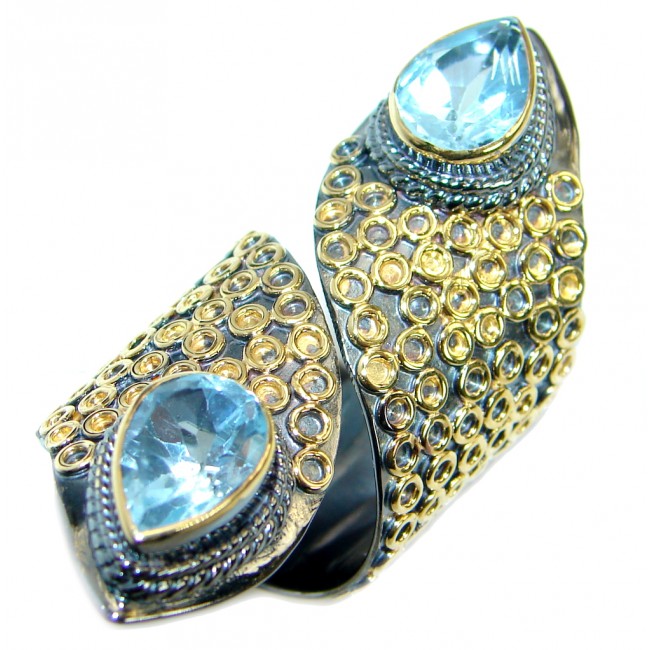 Bold Exotic Blue Topaz Gold plated over .925 Sterling Silver handmade wrap up Ring s. 7 adjustable