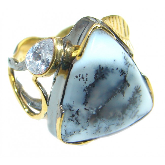 Snow Queen Dendritic Agate Gold Rhodium Plated over .925 Sterling Silver Ring s. 6