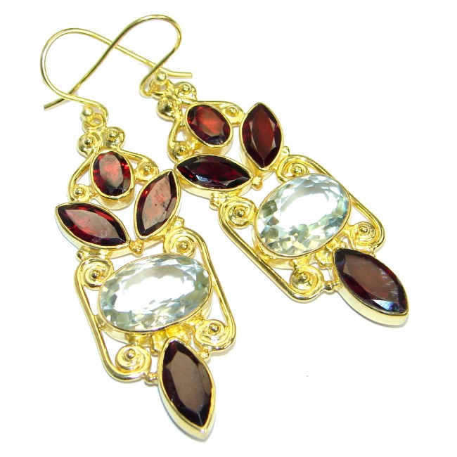 Bohemian Style Natural Green Amethyst Gold plated over .925 Sterling Silver handmade earrings