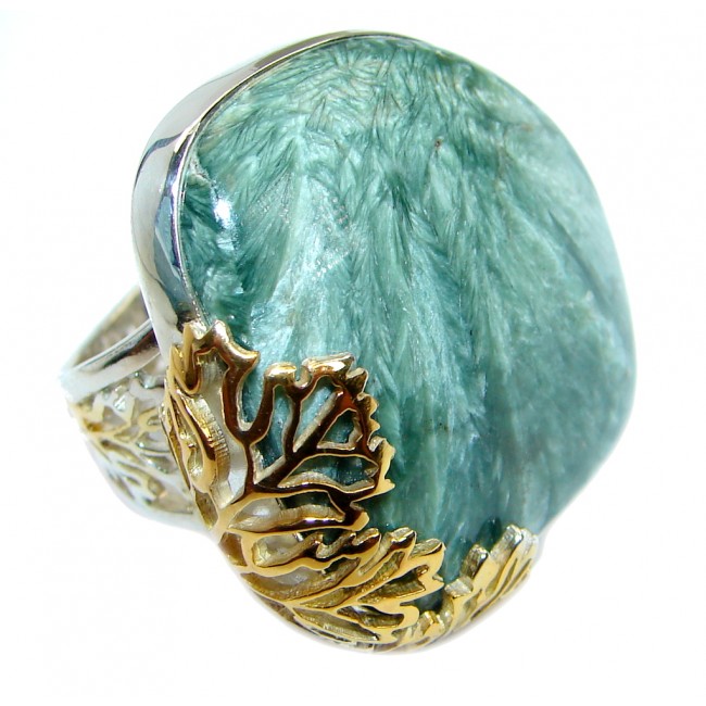 Huge great quality Green Seraphinite Two Tones .925 Sterling Silver Ring size 8 adjustable