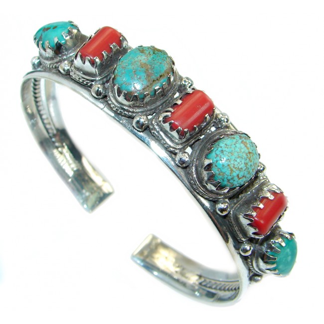 Jumbo Boho Chic Genuine Turquoise Coral Sterling Silver handmade Bracelet / Cuff