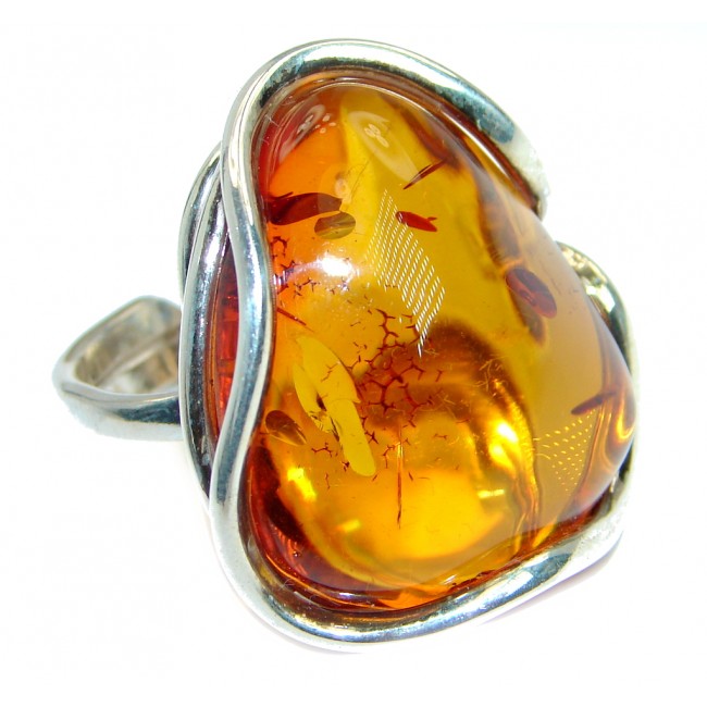 Genuine Baltic Polish Amber Sterling Silver handmade Statment Ring size 8 adjustable