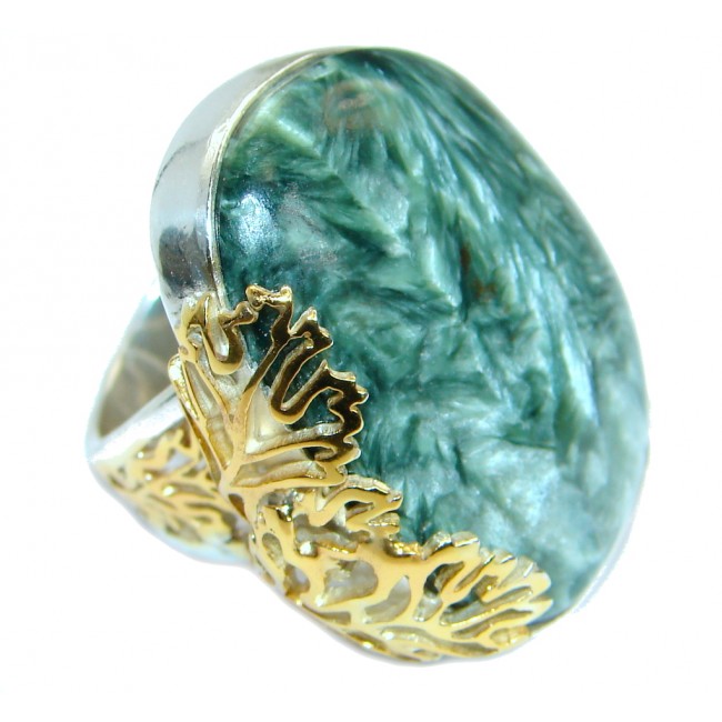 Great quality Green Russian Seraphinite Two Tones .925 Sterling Silver Ring size 7 adjustable