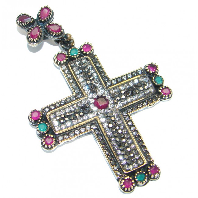 Victorian Style created Pink Ruby .925 Sterling Silver Pendant / Cross