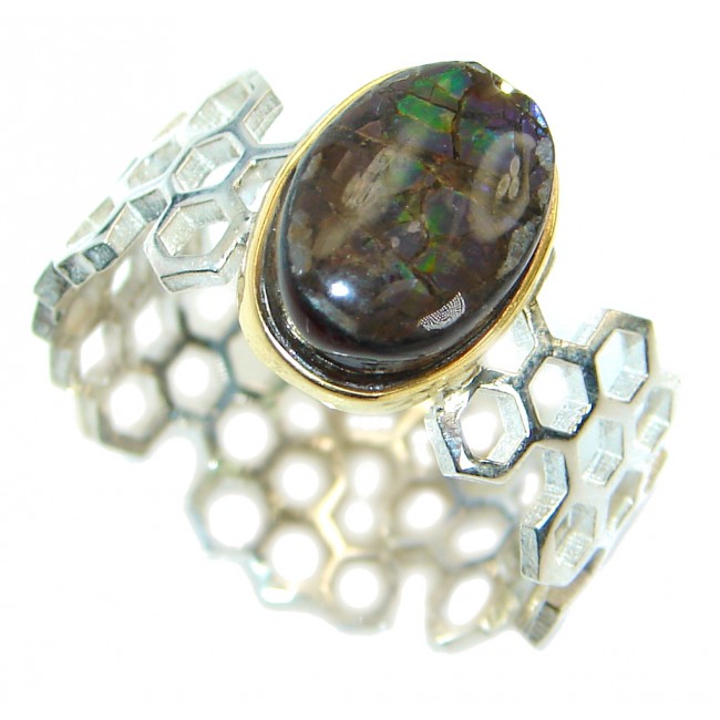 Fire Genuine Canadian Ammolite .925 Sterling Silver handmade ring size 8