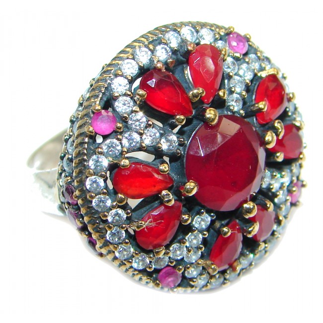 Large Victorian Style created Ruby & White Topaz Sterling Silver ring; s. 7 1/2