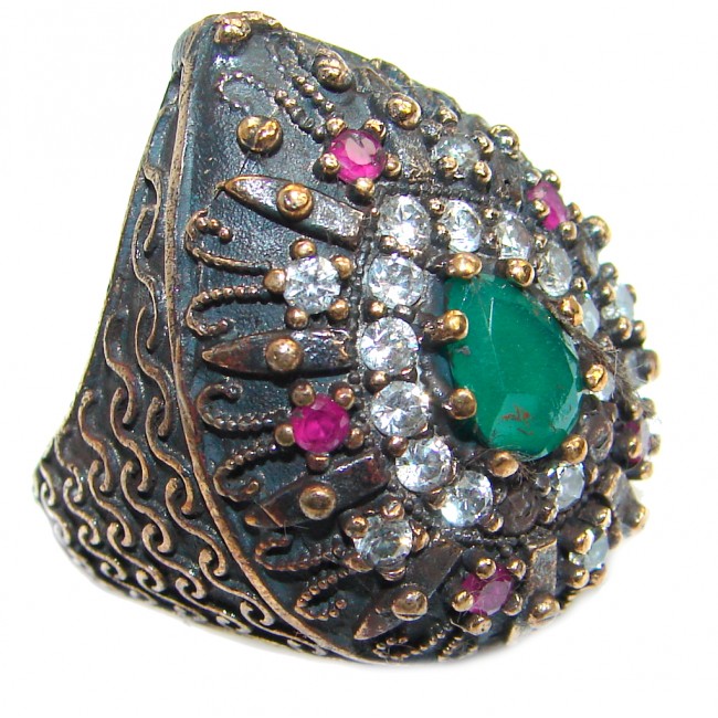 Victorian Style created Emerald & White Topaz Copper over Sterling Silver ring; s. 6 3/4