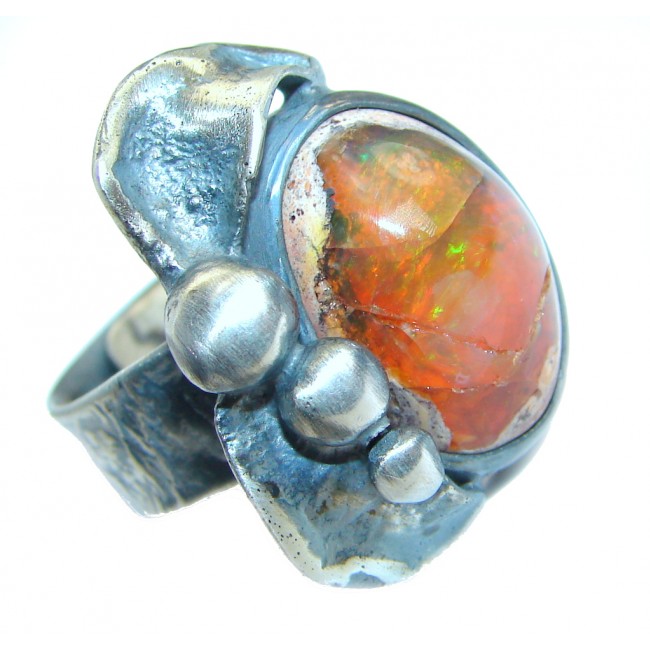 Bold Mexican Opal oxidized .925 Sterling Silver handcrafted ring size 7 adjustable