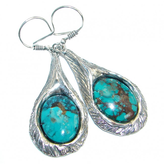 Long Genuine Turquoise oxidized .925 Sterling Silver handmade earrings