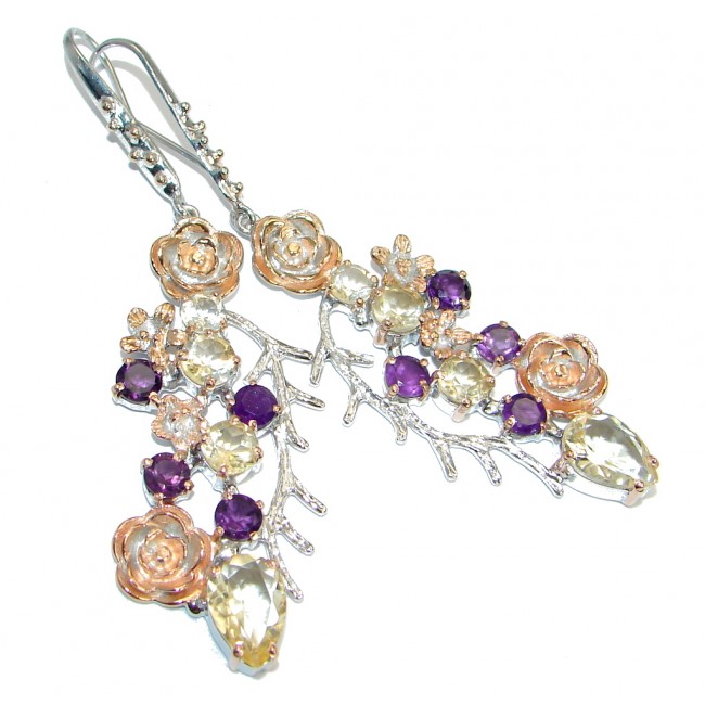 Enchanted Garden genuine Amethyst Citrine Rose Gold over .925 Sterling Silver handmade earrings