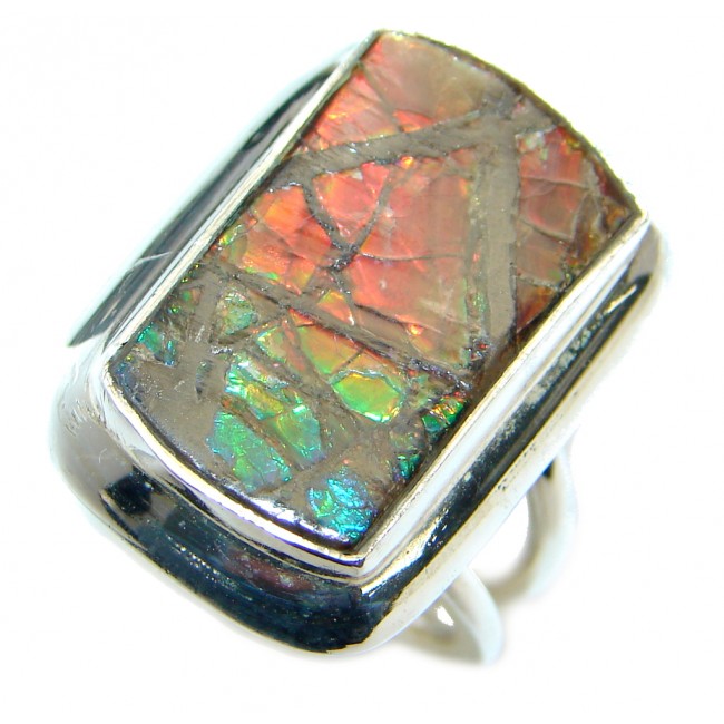 Canadian Rainbow Fire Ammolite .925 Sterling Silver handmade ring s. 7