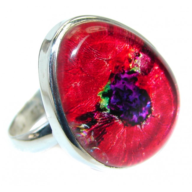 Red Dichroic Glass .925 Sterling Silver handmade ring size 12