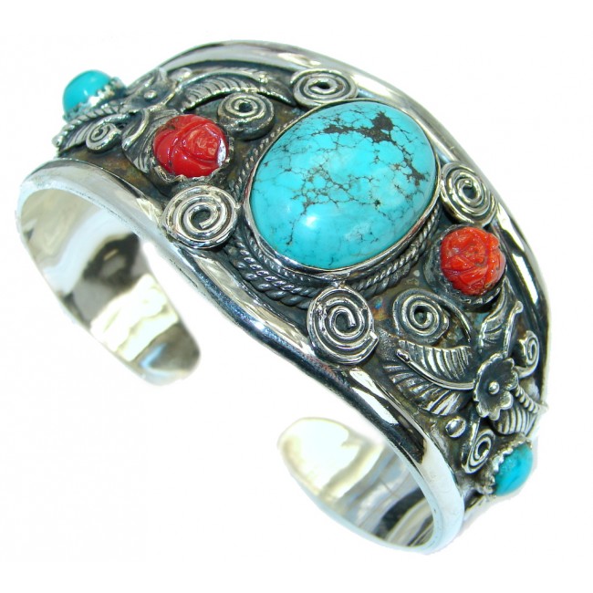 Jumbo Boho Chic Genuine Turquoise Coral .925 Sterling Silver handmade Bracelet / Cuff