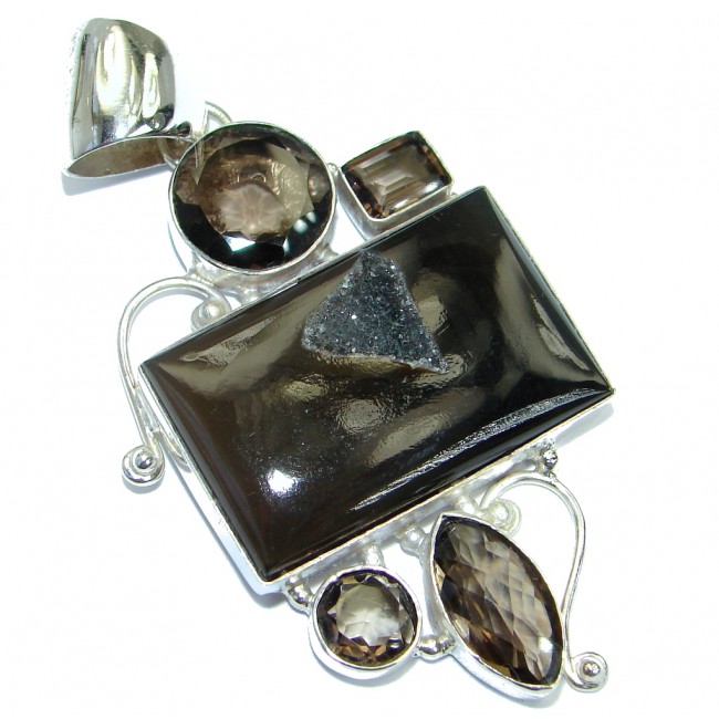 Huge Natural Agate Druzy oxidized .925 Sterling Silver handmade Pendant