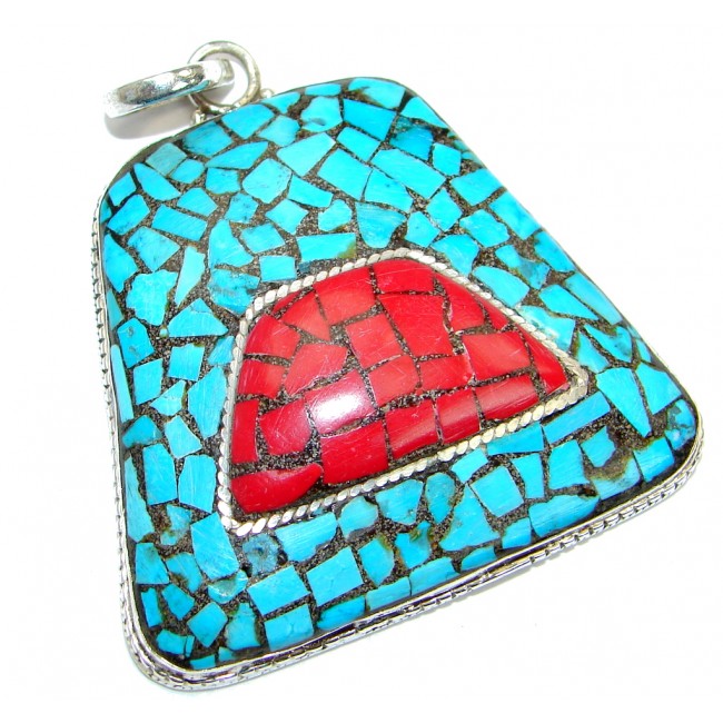 Huge Exquisite Turquoise .925 Sterling Silver handmade Pendant
