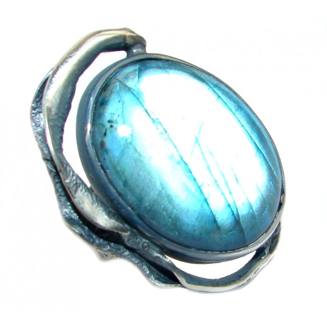 Vintage Style Blue Fire Labradorite oxidized .925 Sterling Silver handmade ring size 8 adjustable
