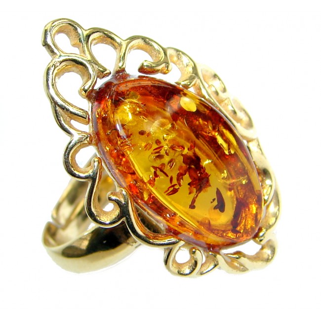 Genuine Baltic Polish Amber 18 ct Gold over Sterling Silver handmade Statment Ring size 8 adjustable