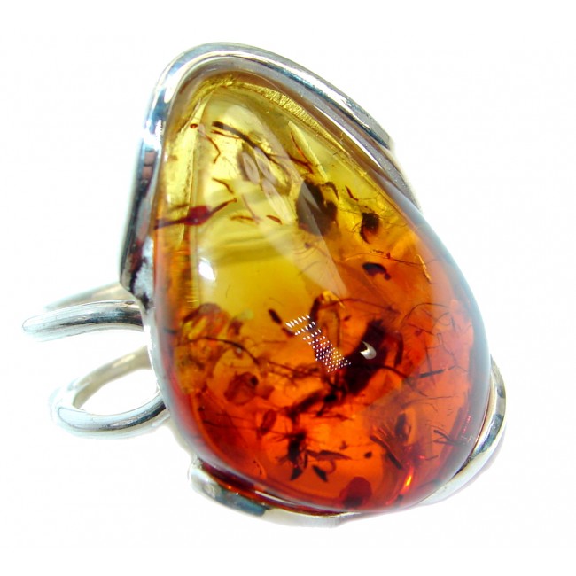 Genuine Baltic Polish Amber .925 Sterling Silver handmade Statment Ring size 7 adjustable