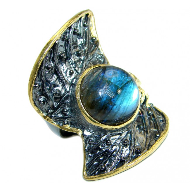 Huge Blue Fire Labradorite Gold over .925 Sterling Silver handmade ring size 8 adjustable