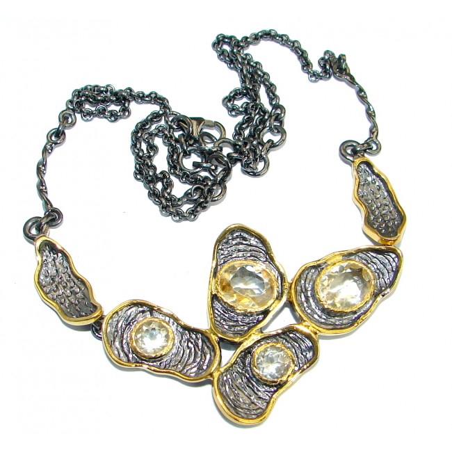 Abstract Natural Rich Yellow Citrine Two Tones .925 Sterling Silver handcrafted Necklace