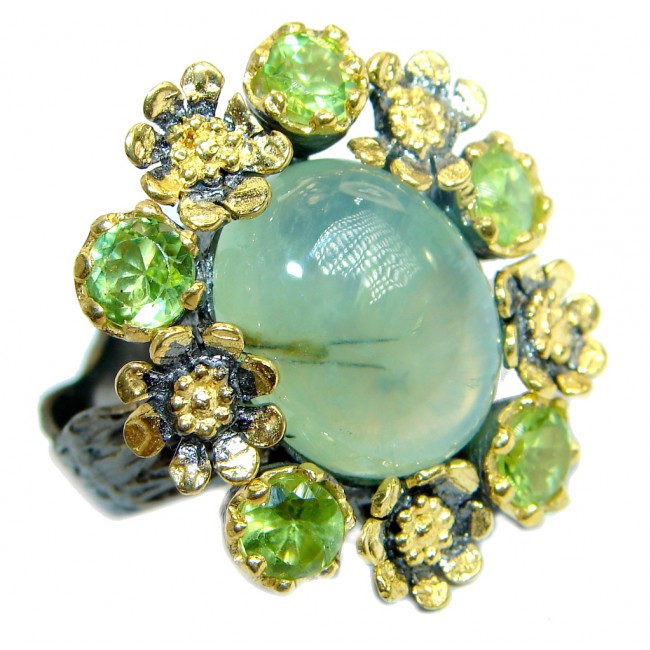 Supernova Green Moss Prehnite Gold over .925 Sterling Silver handcrafted ring; s. 7 adjustable
