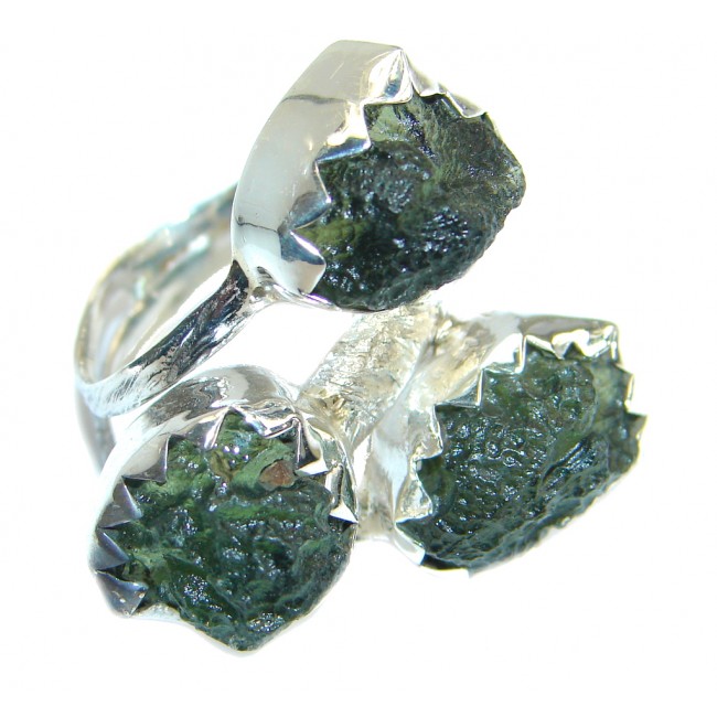 Large genuine Green Moldavite .925 Sterling Silver Ring size 7