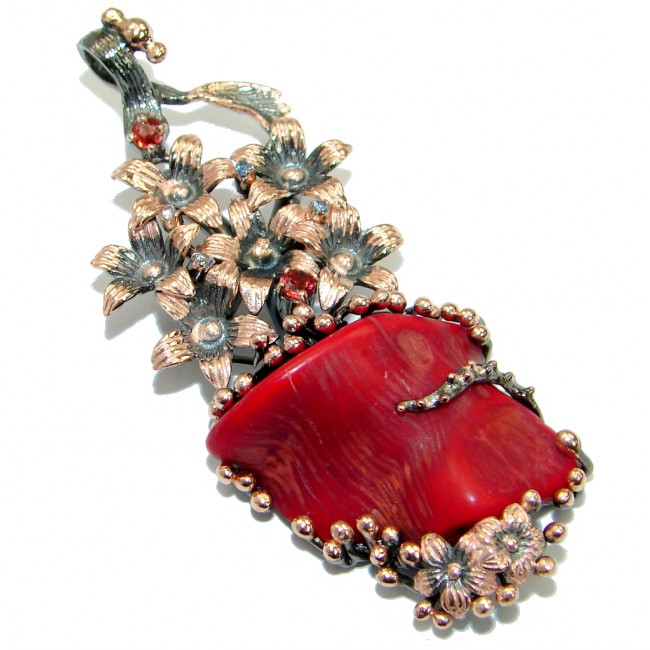 Positive Energy large Red Fossilized Coral Garnet .925 Coral Sterling Silver handmade pendant