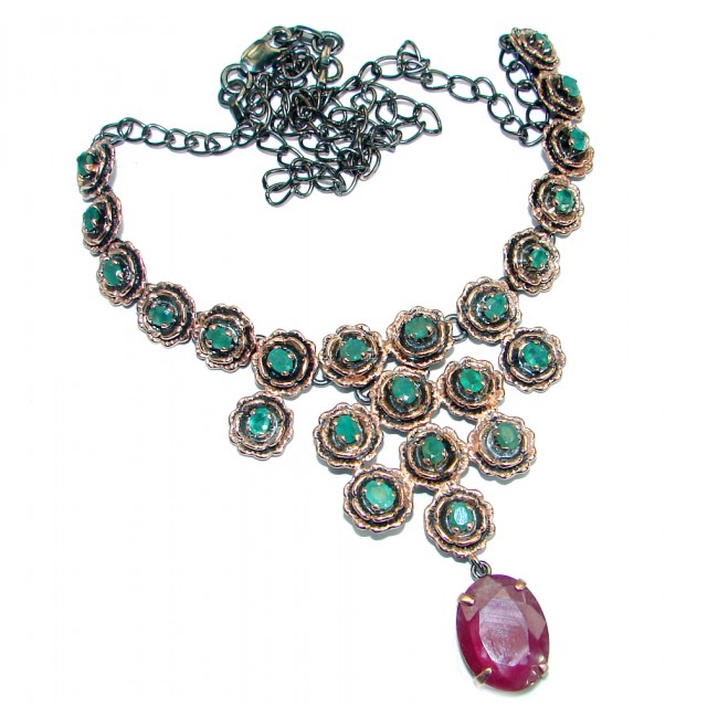Victorian Style Natural Green Emerald & Ruby .925 Silver hancrafted necklace