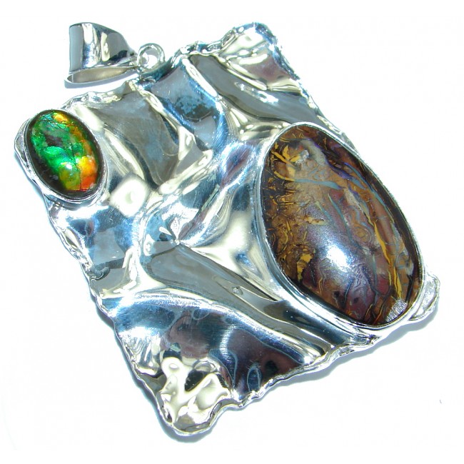 One of the kind genuine Koroit Opal Ammolite .925 hammered Sterling Silver Pendant