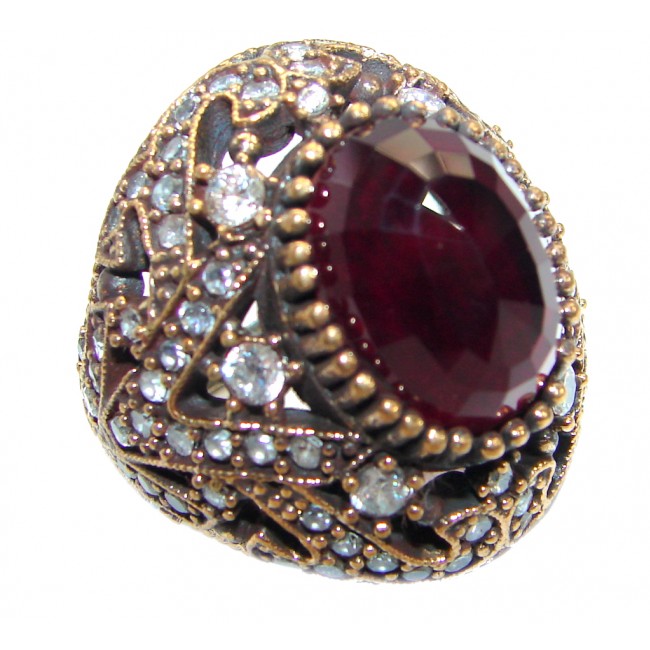 Large Victorian Style created Ruby & White Topaz Sterling Silver ring; s. 8 1/2
