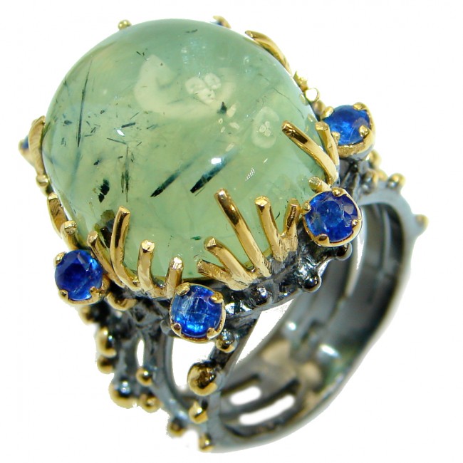Supernova Green Moss Prehnite 14 KGold over .925 Sterling Silver handcrafted ring; s. 9