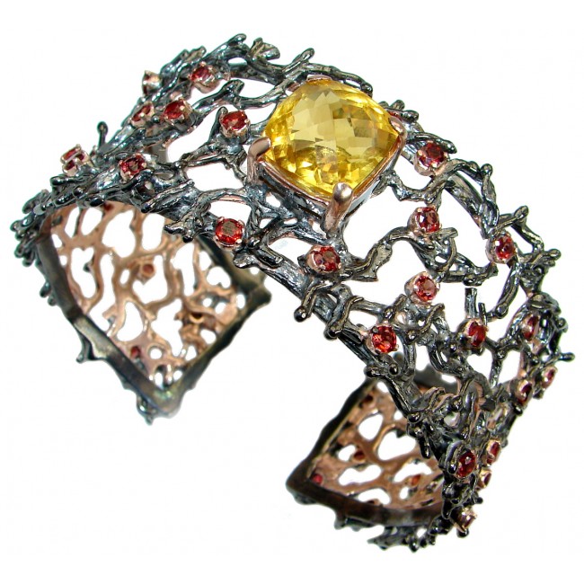 Floral Design Genuine 25ct Citrine Gold Rhodium over .925 Sterling Silver Bracelet / Cuff