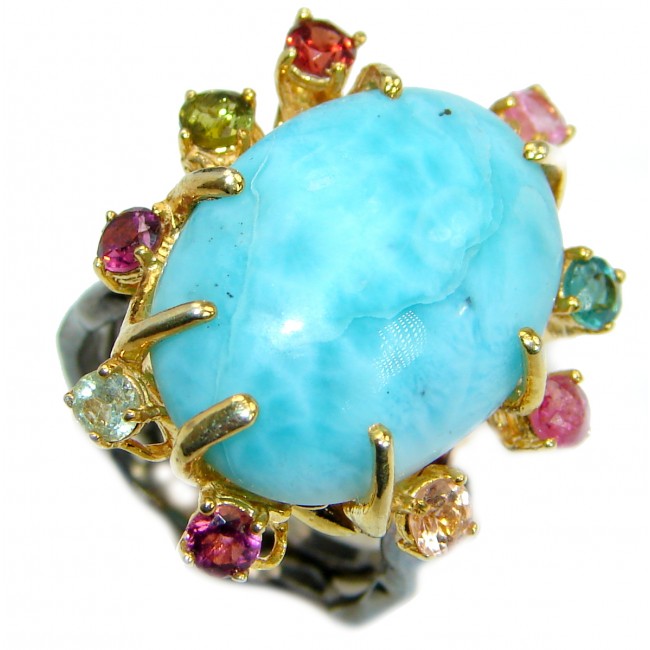 Genuine Larimar 14K Gold over .925 Sterling Silver handcrafted Cocktail Ring s. 6