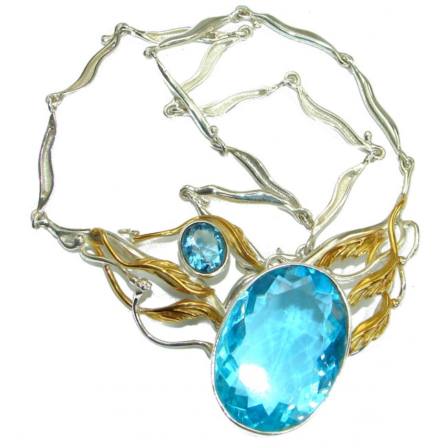 Stunning lab. Swiss Blue Topaz 18K Gold over .925 Sterling Silver handmade necklace