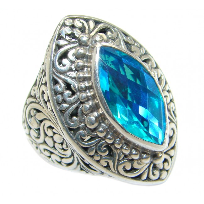 Huge Vintage Design Blue Aqua Topaz .925 Sterling Silver handcrafted ring s. 6 3/4