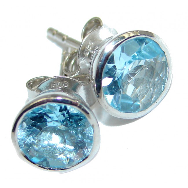 Deluxe genuine Swiss Blue Topaz 10 mm wide .925 Sterling Silver stud earrings