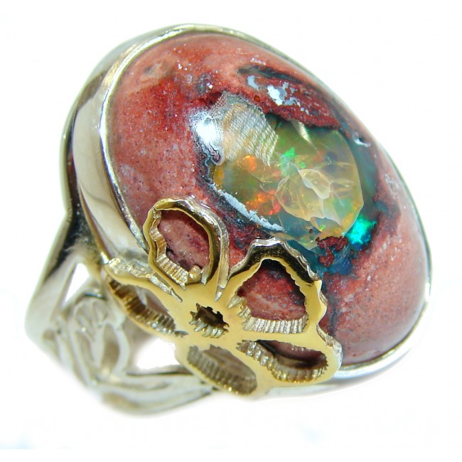 Huge Mexican Opal oxidized two tones .925 Sterling Silver handcrafted ring size 7 adjustable