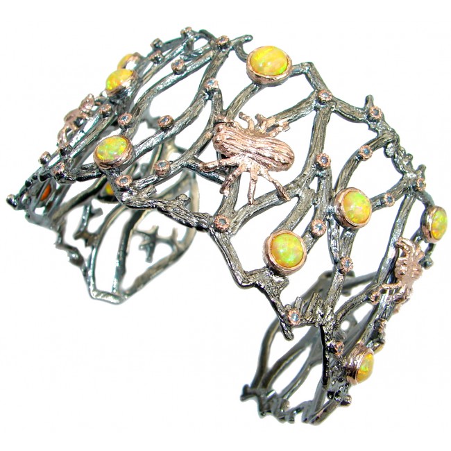 Spider's Web Japanese Opal Gold Rhodium plated over Sterling Silver Bracelet / Cuff