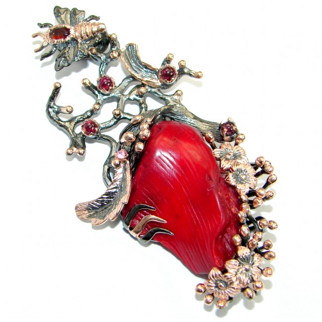 Huge Authentic Red Fossilized Coral Gold Rhodium over .925 Coral Sterling Silver handmade pendant