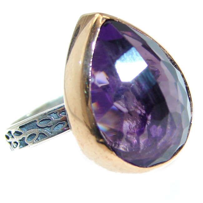 Genuine Amethyst Two Tones .925 Sterling Silver ring s. 7 adjustable