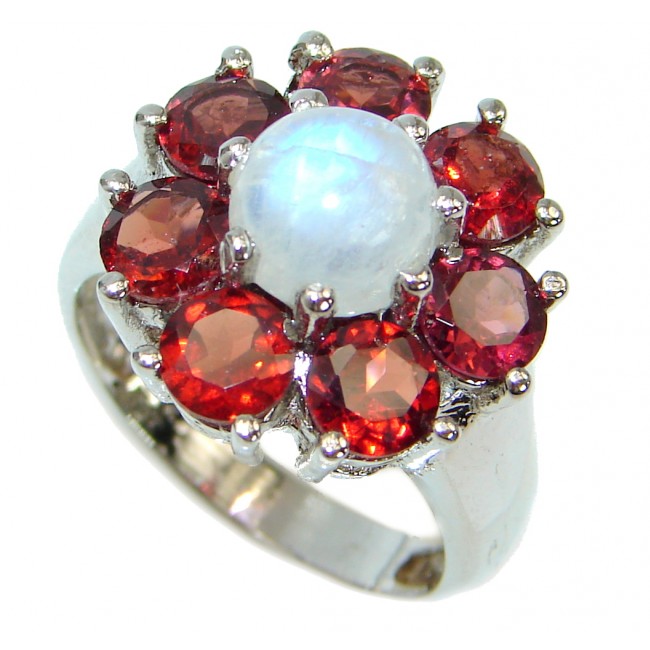 Fire Moonstone Garnet .925 Sterling Silver handcrafted Cocktail ring size 8