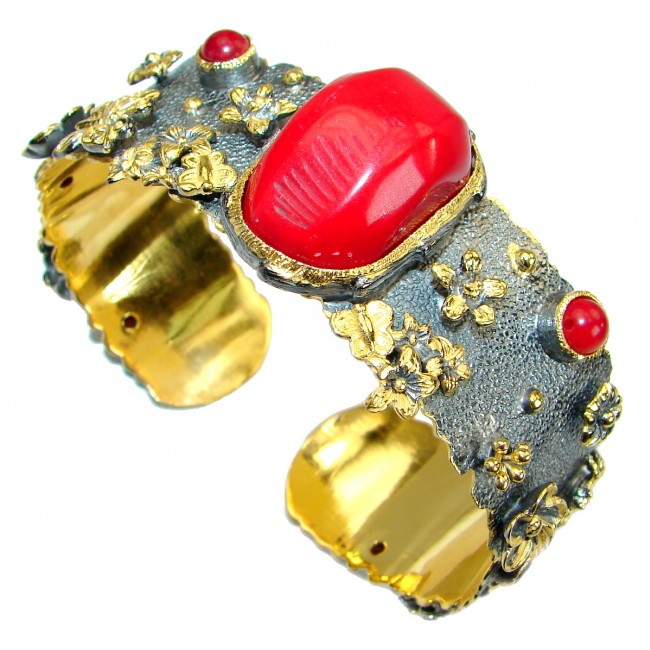 Chunky Genuine Fossilized Coral 18 ct Gold Rhodium over .925 Sterling Silver Bracelet / Cuff