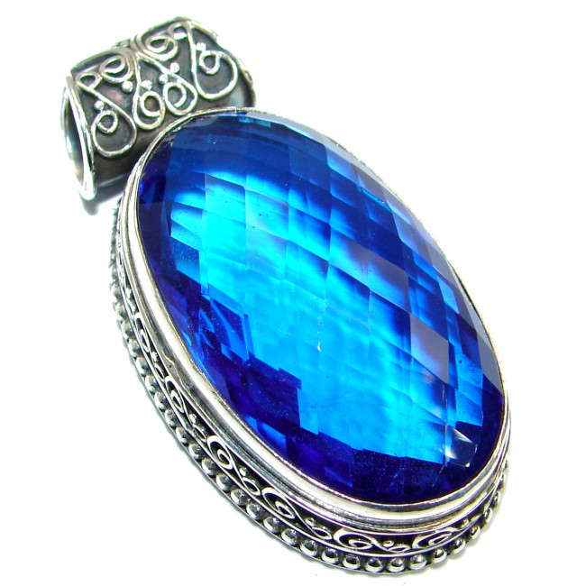 Large Vintage Style Sapphire color Quartz Sterling Silver Pendant
