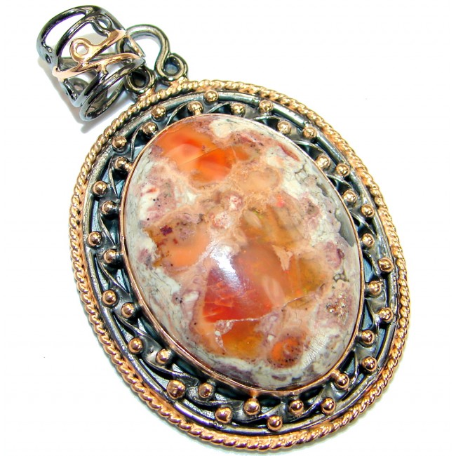 Vintage Design Mexican Fire Opal Rose Gold over .925 Sterling Silver handmade Pendant