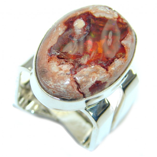 Huge Mexican Fire Opal .925 Sterling Silver handcrafted ring size 7 1/2