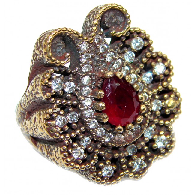 Large Victorian Style created Ruby & White Topaz Sterling Silver ring; s. 5